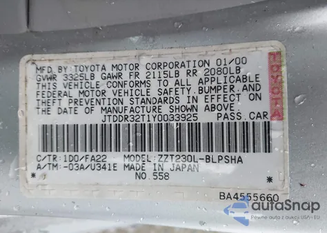 2000 Toyota Celica Gt из США, поврежденный, VIN JTDDR32T1Y0033925